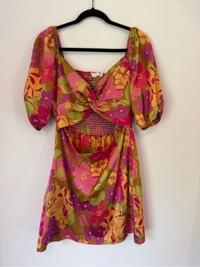 Lush Pink & Green Floral Twist-Front Puff Sleeve Mini Dress